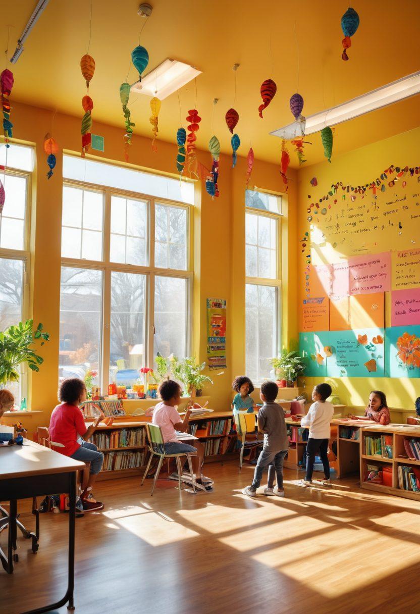 A vibrant classroom filled with diverse children engaged in joyful learning activities, surrounded by colorful decorations, plants, and inspiring quotes on the walls. A teacher interacts enthusiastically with students, showcasing collaboration and creativity. Sunlight beams through large windows, illuminating the cheerful atmosphere. The scene conveys empowerment, positivity, and the transformative power of learning. digital art. bright colors. cheerful tone.